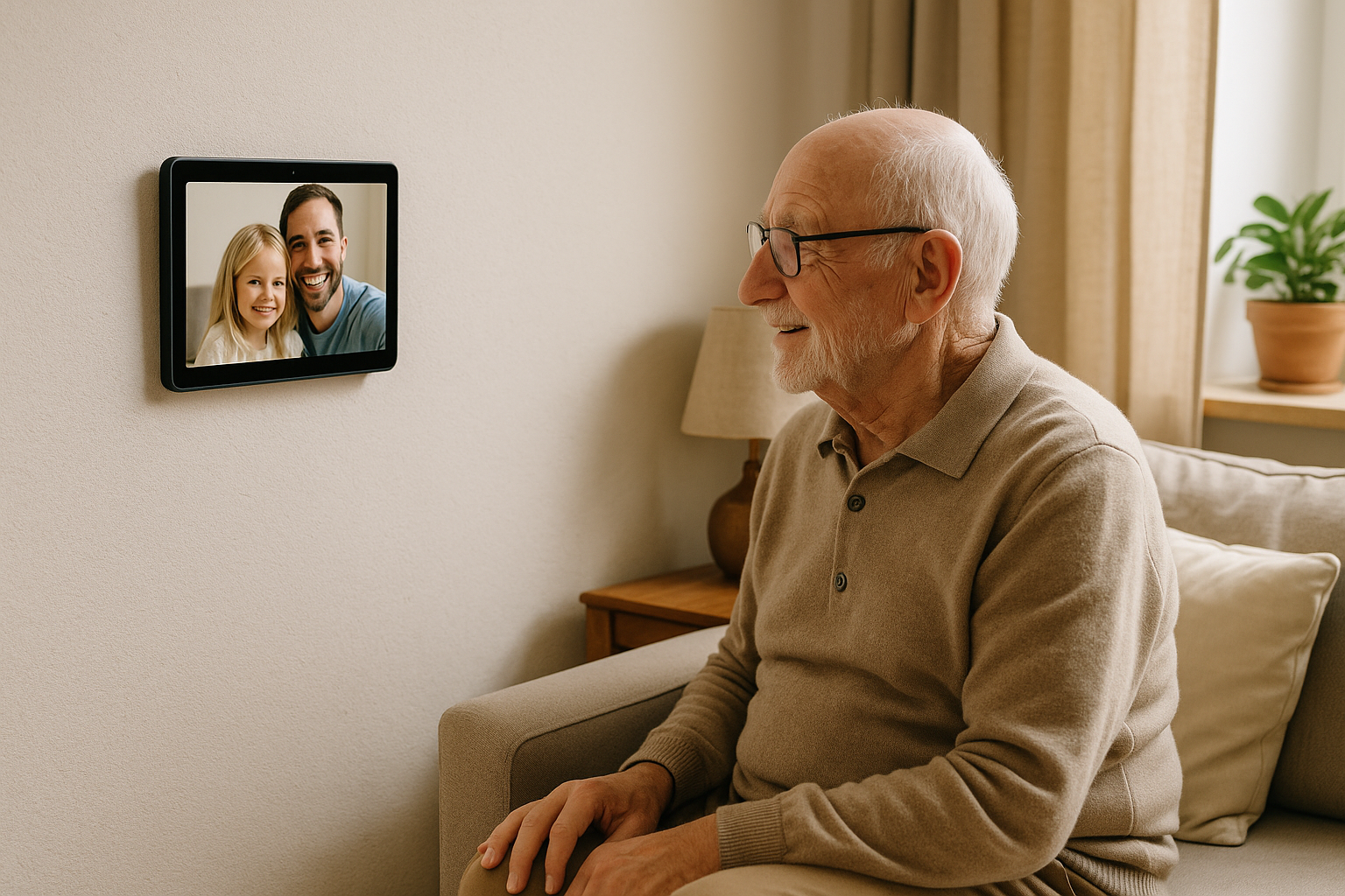 BondNow device showing a family photo in a warm home setting